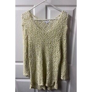 J Jill Pullover Sweater Womens Medium Celedon Green White Open Knit V Neck